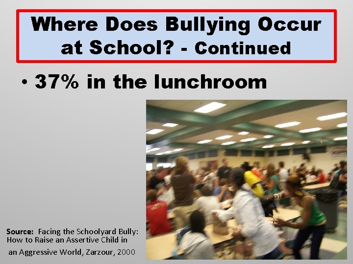 Where Does Bullying Occur at School? - Continued • 37% in the lunchroom Source: