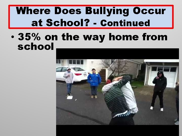 Where Does Bullying Occur at School? - Continued • 35% on the way home