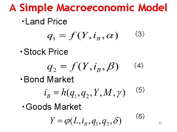 A Simple Macroeconomic Model ・Land Price （3） ・Stock Price （4） ・Bond Market （5） ・Goods