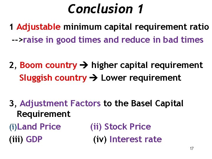 Conclusion 1 1 Adjustable minimum capital requirement ratio -->raise in good times and reduce