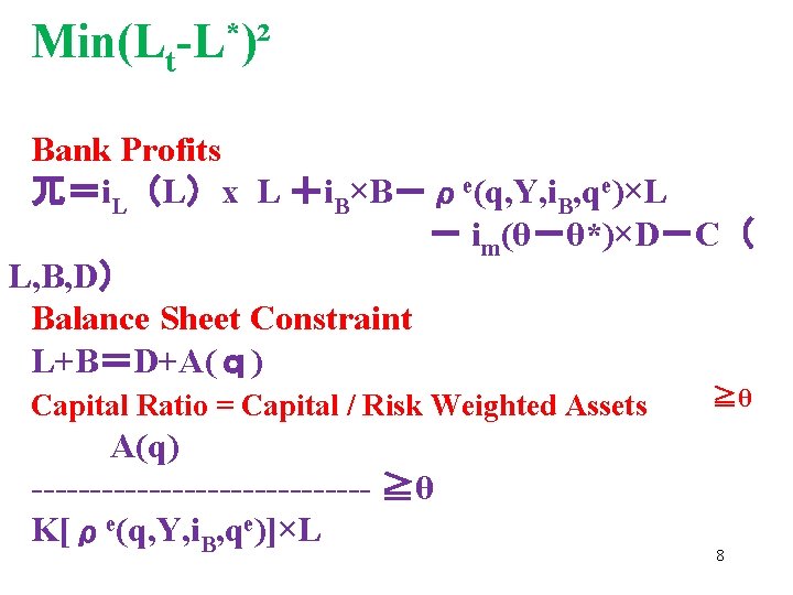 Min(Lt-L*)² Bank Profits 兀＝i. L（L）x L ＋i. B×B－ρe(q, Y, i. B, qe)×L 　　　　　　 －