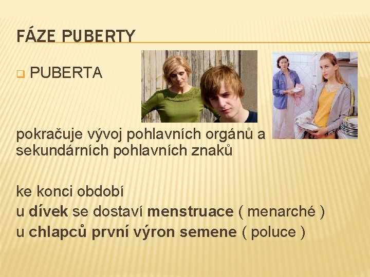 FÁZE PUBERTY q PUBERTA pokračuje vývoj pohlavních orgánů a sekundárních pohlavních znaků ke konci