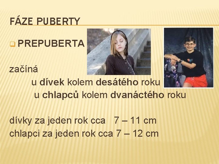 FÁZE PUBERTY q PREPUBERTA začíná u dívek kolem desátého roku u chlapců kolem dvanáctého