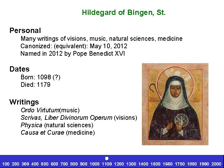 Hildegard of Bingen, St. Personal Many writings of visions, music, natural sciences, medicine Canonized: