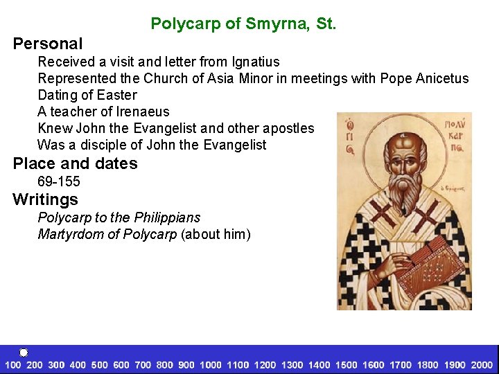 Polycarp of Smyrna, St. Personal Received a visit and letter from Ignatius Represented the