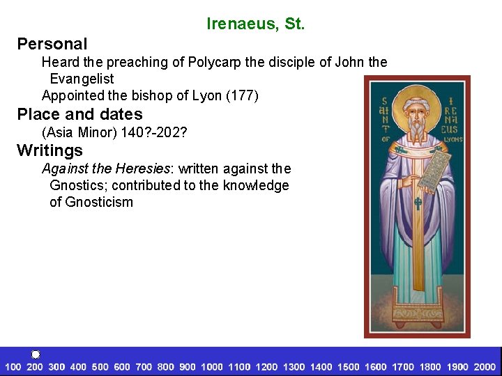 Irenaeus, St. Personal Heard the preaching of Polycarp the disciple of John the Evangelist