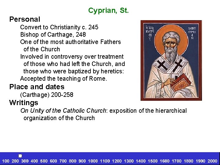 Cyprian, St. Personal Convert to Christianity c. 245 Bishop of Carthage, 248 One of