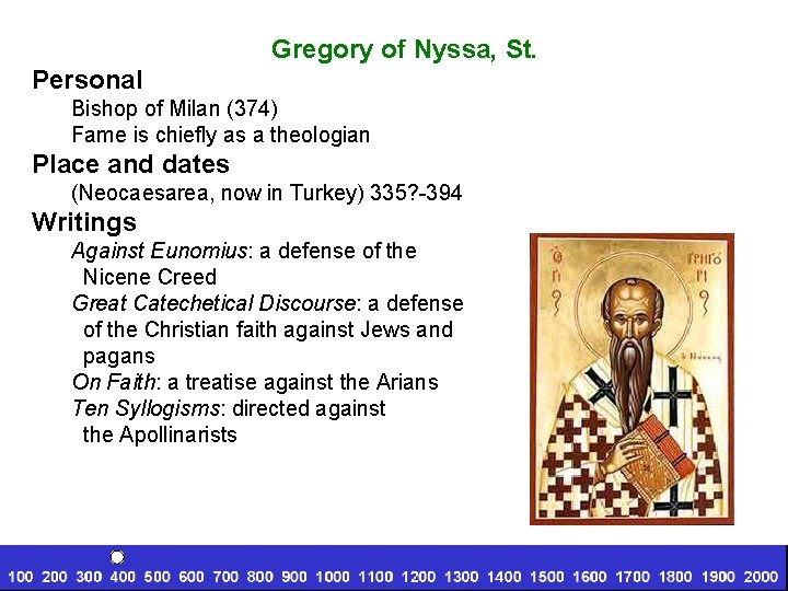 Gregory of Nyssa, St. Personal Bishop of Milan (374) Fame is chiefly as a