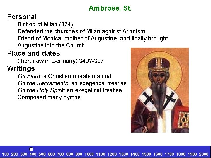 Ambrose, St. Personal Bishop of Milan (374) Defended the churches of Milan against Arianism