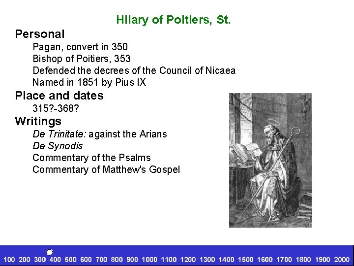 Hilary of Poitiers, St. Personal Pagan, convert in 350 Bishop of Poitiers, 353 Defended