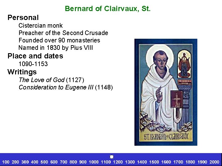 Bernard of Clairvaux, St. Personal Cistercian monk Preacher of the Second Crusade Founded over