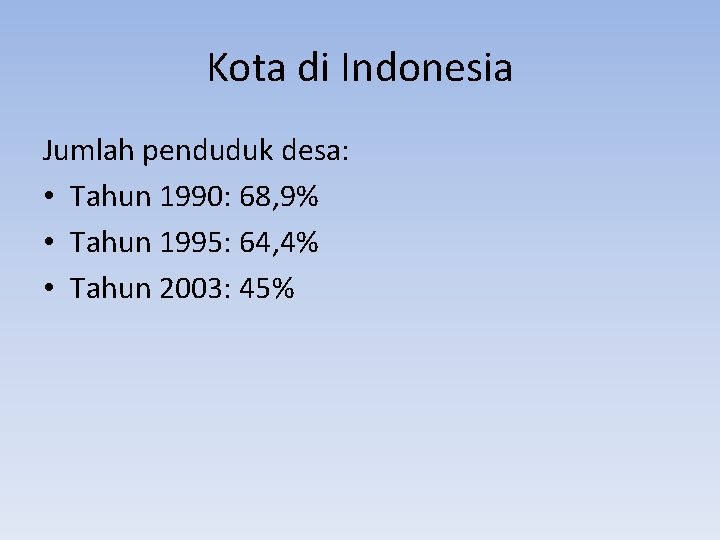 Kota di Indonesia Jumlah penduduk desa: • Tahun 1990: 68, 9% • Tahun 1995: