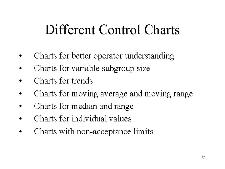 Different Control Charts • • Charts for better operator understanding Charts for variable subgroup Different Control Charts • • Charts for better operator understanding Charts for variable subgroup