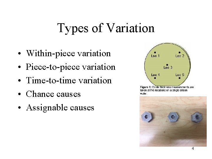 Types of Variation • • • Within-piece variation Piece-to-piece variation Time-to-time variation Chance causes Types of Variation • • • Within-piece variation Piece-to-piece variation Time-to-time variation Chance causes