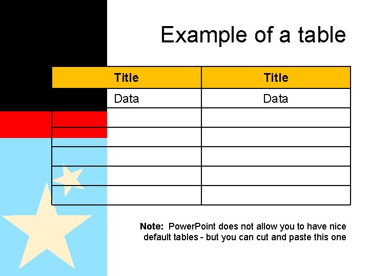 Example of a table Title Data Note: Power. Point does not allow you to