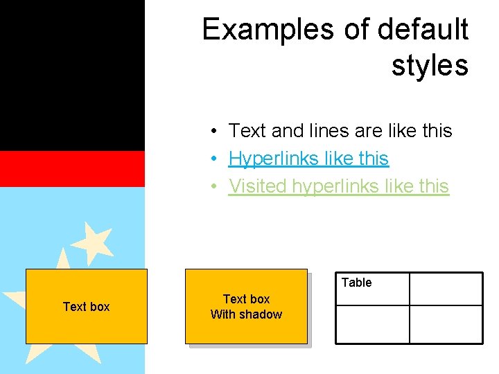 Examples of default styles • Text and lines are like this • Hyperlinks like