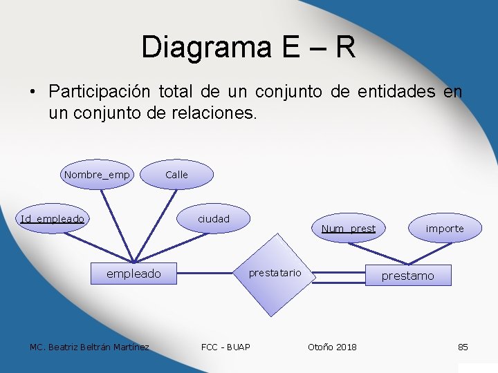 Diagrama E – R • Participación total de un conjunto de entidades en un