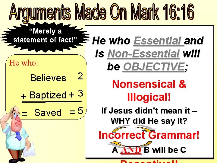 “Merely a statement of fact!” He who: Believes 2 + Baptized + 3 =