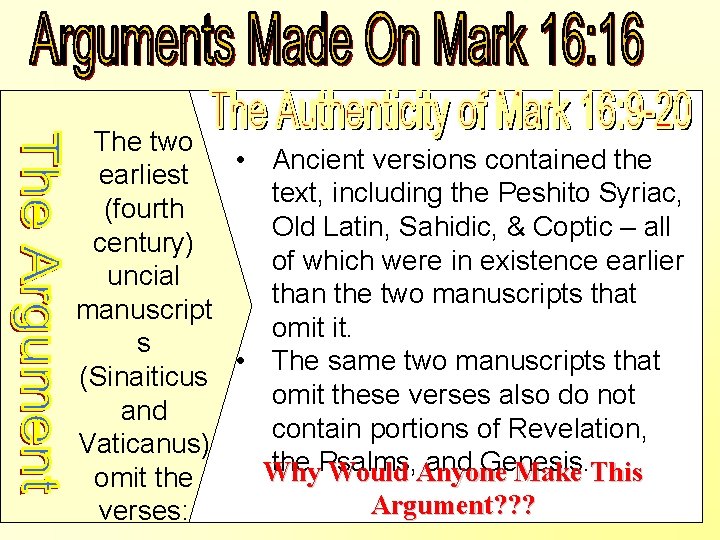 The two • Ancient versions contained the earliest text, including the Peshito Syriac, (fourth