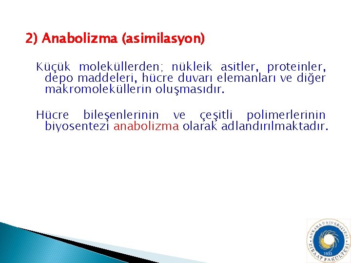 2) Anabolizma (asimilasyon) Küçük moleküllerden; nükleik asitler, proteinler, depo maddeleri, hücre duvarı elemanları ve