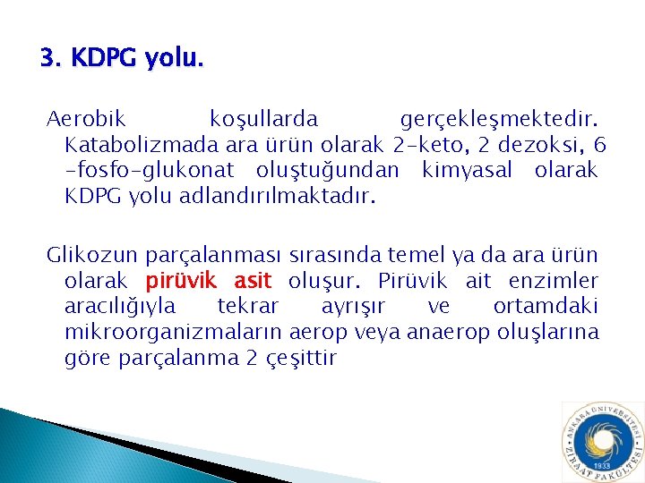 3. KDPG yolu. Aerobik koşullarda gerçekleşmektedir. Katabolizmada ara ürün olarak 2 -keto, 2 dezoksi,