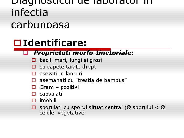 Diagnosticul de laborator in infectia carbunoasa o Identificare: q Proprietati morfo-tinctoriale: o o o