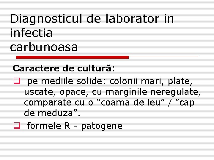Diagnosticul de laborator in infectia carbunoasa Caractere de cultură: q pe mediile solide: colonii