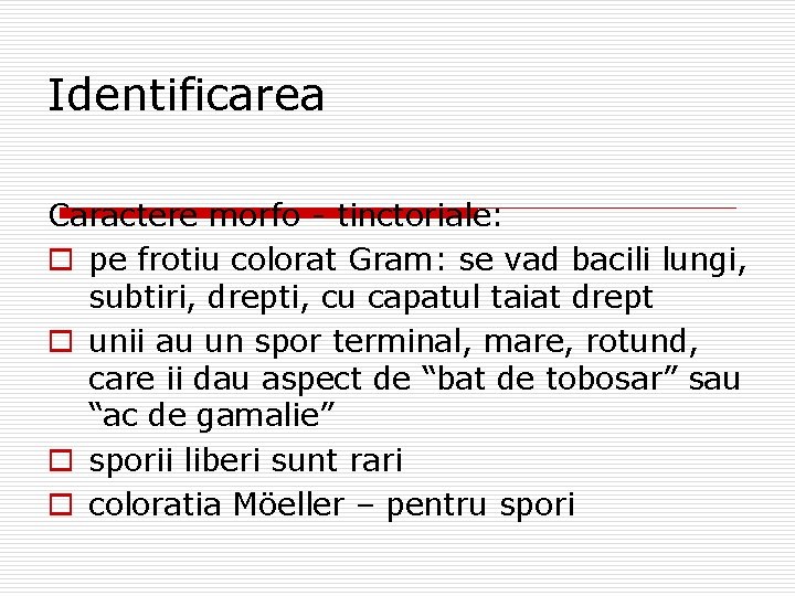 Identificarea Caractere morfo - tinctoriale: o pe frotiu colorat Gram: se vad bacili lungi,