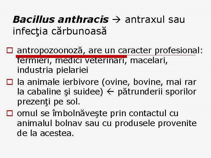 Bacillus anthracis antraxul sau infecţia cărbunoasă o antropozoonoză, are un caracter profesional: fermieri, medici