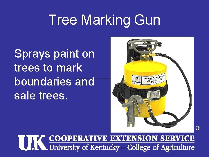 Tree Marking Gun Sprays paint on trees to mark boundaries and sale trees. © Tree Marking Gun Sprays paint on trees to mark boundaries and sale trees. ©