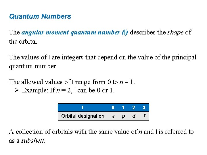 Quantum Numbers The angular moment quantum number (l) describes the shape of the orbital.