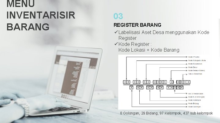 MENU INVENTARISIR BARANG 03 REGISTER BARANG ü Labelisasi Aset Desa menggunakan Kode Register ü MENU INVENTARISIR BARANG 03 REGISTER BARANG ü Labelisasi Aset Desa menggunakan Kode Register ü