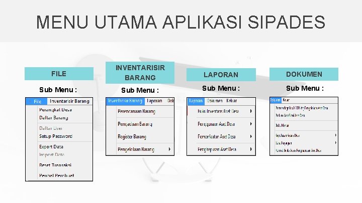 MENU UTAMA APLIKASI SIPADES FILE INVENTARISIR BARANG LAPORAN DOKUMEN Sub Menu : MENU UTAMA APLIKASI SIPADES FILE INVENTARISIR BARANG LAPORAN DOKUMEN Sub Menu :