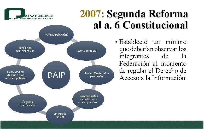 2007: Segunda Reforma al a. 6 Constitucional Máxima publicidad Sanciones administrativas Publicidad del destino