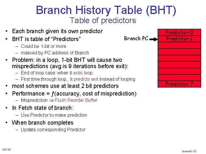 Branch History Table (BHT) Table of predictors • Each branch given its own predictor