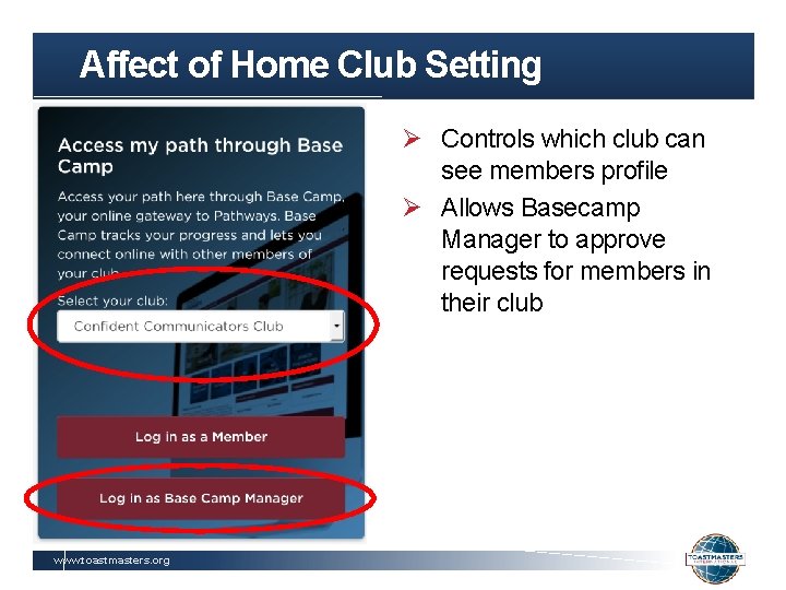 Affect of Home Club Setting Ø Controls which club can see members profile Ø