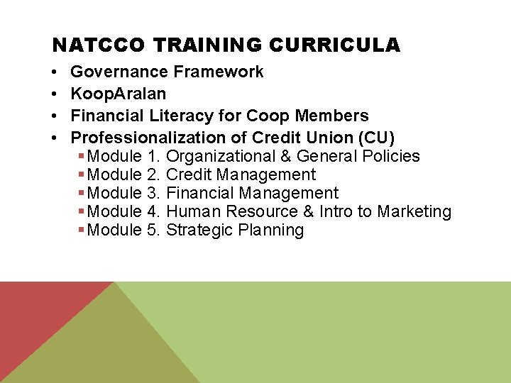 NATCCO TRAINING CURRICULA • • Governance Framework Koop. Aralan Financial Literacy for Coop Members