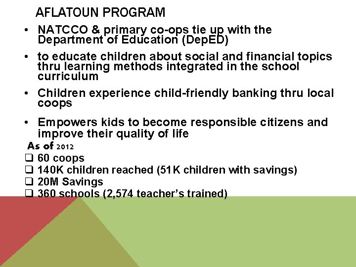 AFLATOUN PROGRAM • NATCCO & primary co-ops tie up with the Department of Education