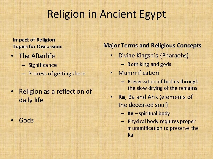 Religion in Ancient Egypt Impact of Religion Topics for Discussion: • The Afterlife –