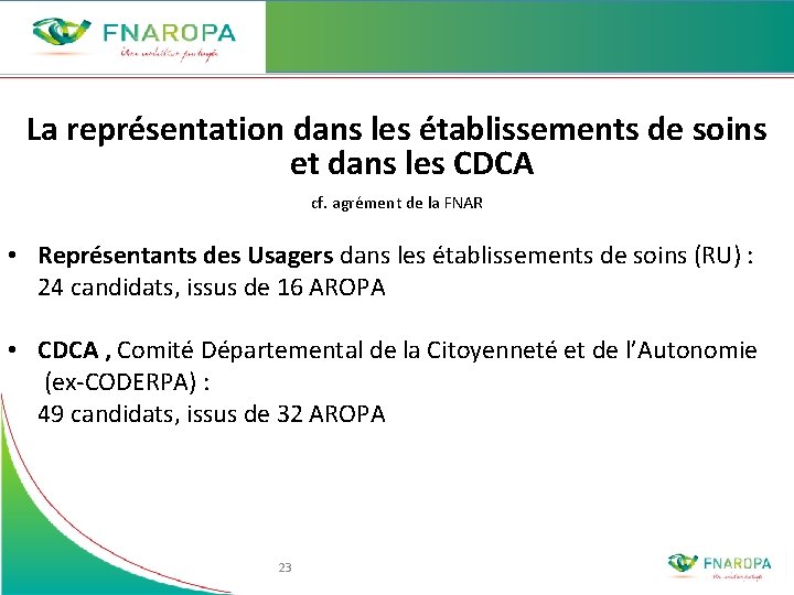 La représentation dans les établissements de soins et dans les CDCA cf. agrément de