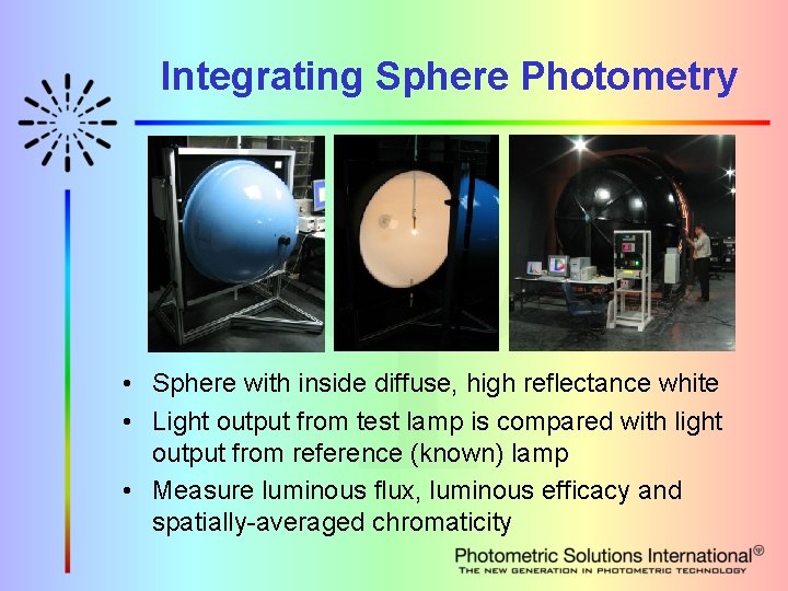 Integrating Sphere Photometry • Sphere with inside diffuse, high reflectance white • Light output