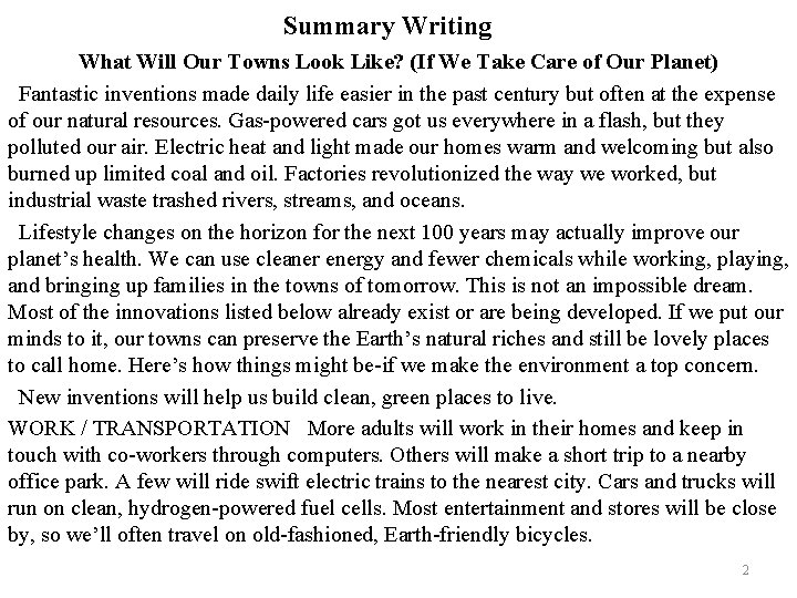 Summary Writing What Will Our Towns Look Like? (If We Take Care of Our