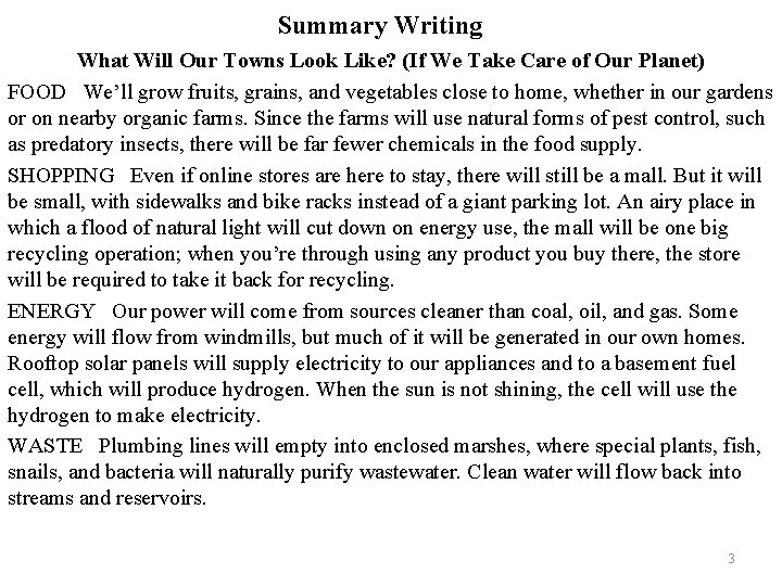 Summary Writing What Will Our Towns Look Like? (If We Take Care of Our