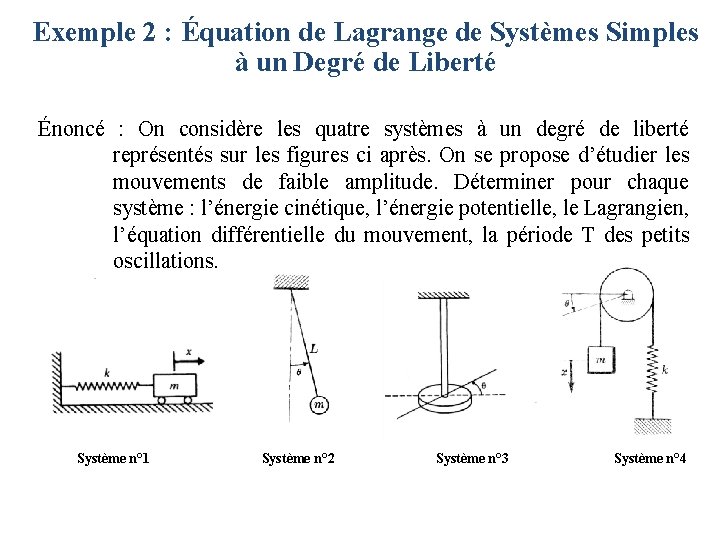 Exemple 2 : Équation de Lagrange de Systèmes Simples à un Degré de Liberté