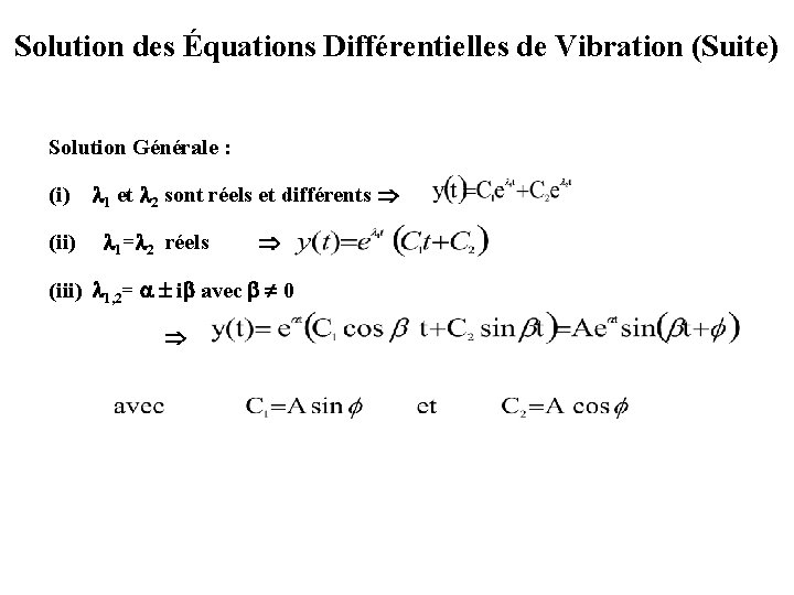 Solution des Équations Différentielles de Vibration (Suite) Solution Générale : (i) 1 et 2