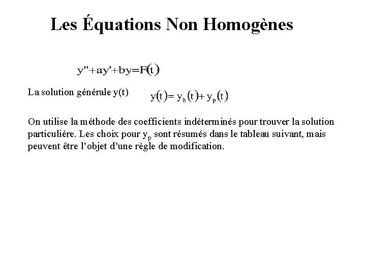 Les Équations Non Homogènes La solution générale y(t) On utilise la méthode des coefficients