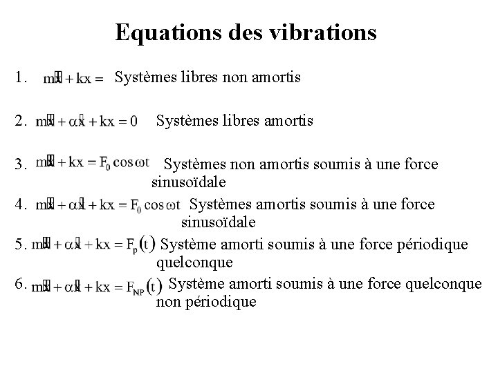 Equations des vibrations 1. Systèmes libres non amortis 2. Systèmes libres amortis 3. Systèmes