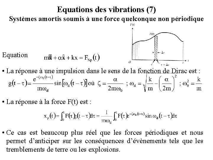 Equations des vibrations (7) Systèmes amortis soumis à une force quelconque non périodique Equation