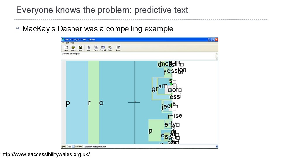 Everyone knows the problem: predictive text Mac. Kay’s Dasher was a compelling example http: