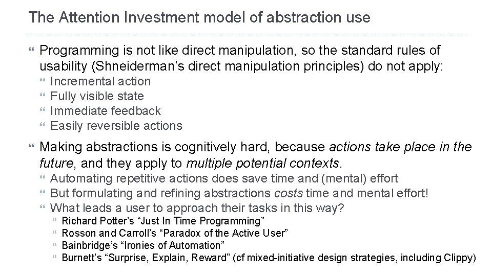 The Attention Investment model of abstraction use Programming is not like direct manipulation, so